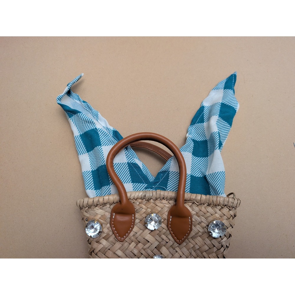 Woven Straw Mini Basket Bag Rhinestone Crystal Gingham Summer Beach Boho - Picture 6 of 8